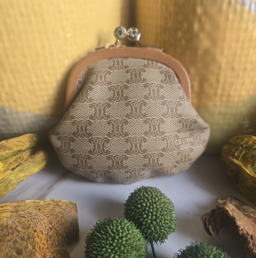 Vintage Celine Beige Monogram Kiss-lock Coin Pouch with Leather Trim